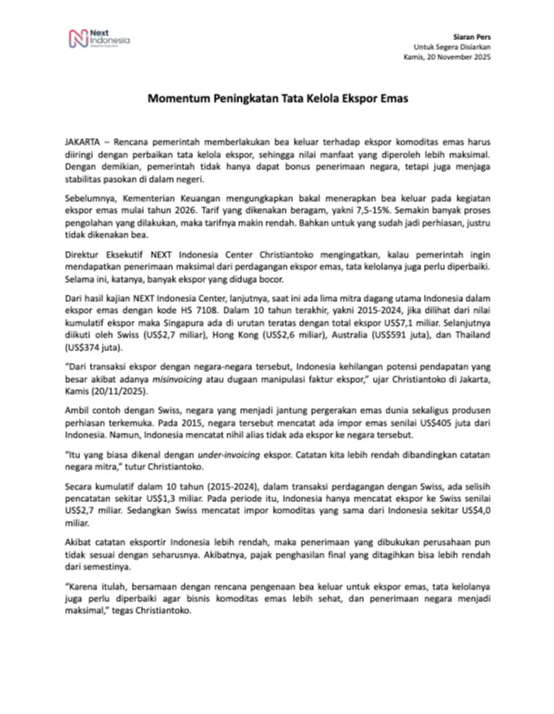 Siaran pers momentum peningkatan kelola ekspor emas next indonesia center.png