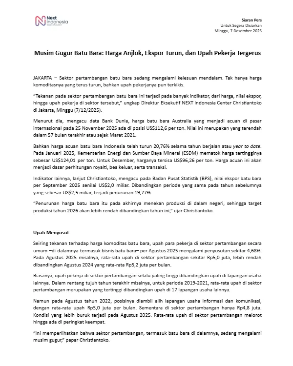 Siaran pers NEXT Indonesia Center Musim Gugur Batu Bara Harga Anjlok, Ekspor Turun, dan Upah Pekerja Tergerus.png