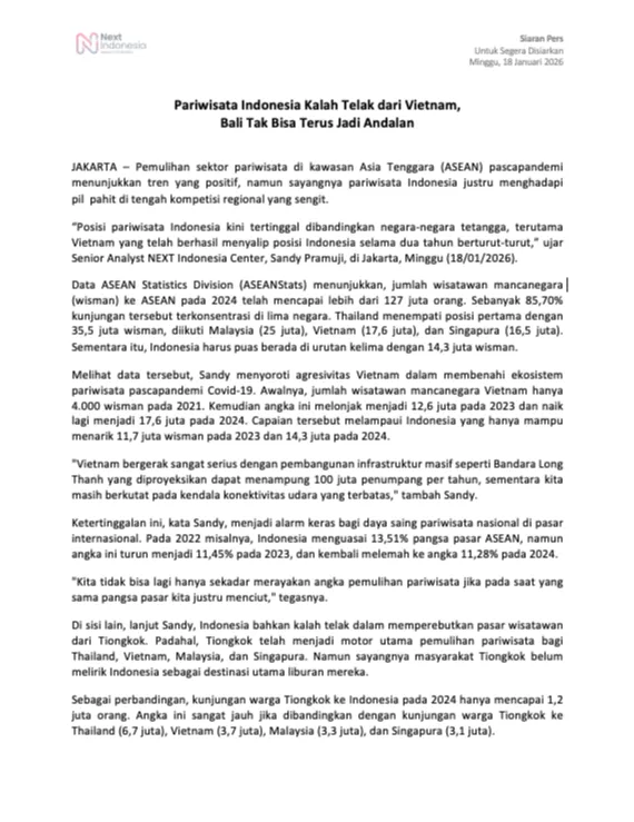 Cover Press Release_Pariwisata Indonesia Kalah Telak dari Vietnam_NEXT Indonesia Center.png