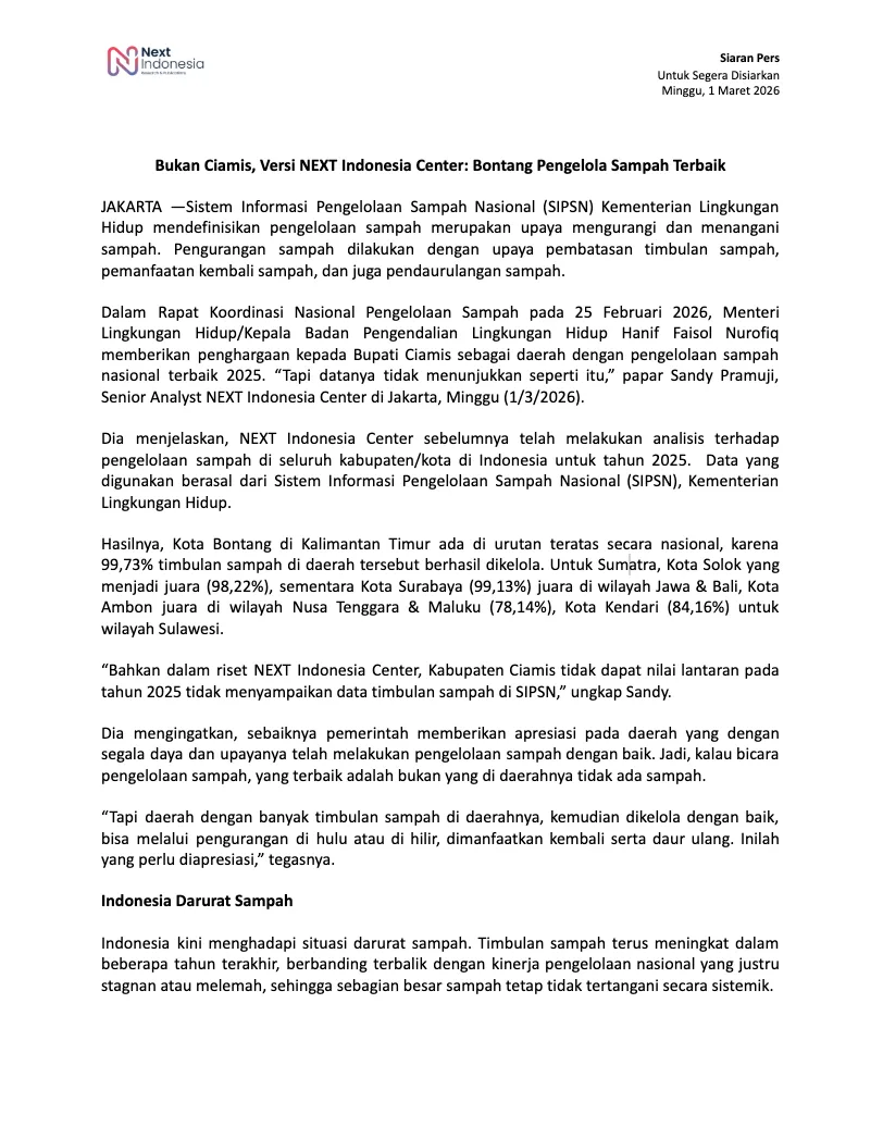 cover siaran pers Bukan Ciamis, Bontang Pengelola Sampah Terbaik NEXT Indonesia Center .png