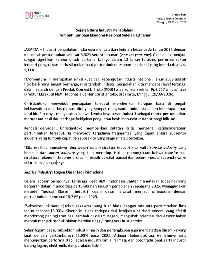 cover siaran pers Sejarah Baru Industri Pengolahan Tumbuh Lampaui Ekonomi Nasional Setelah 13 Tahun.png