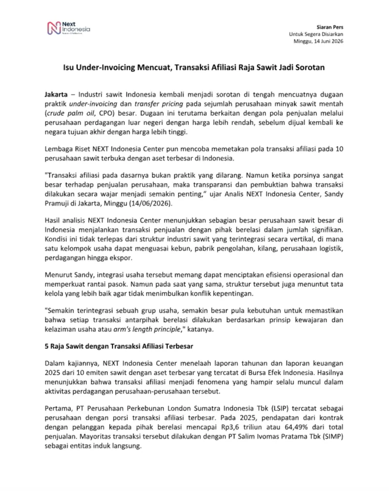 Cover Siaran Pers Isu Under-Invoicing Mencuat, Transaksi Afiliasi Raja Sawit Jadi Sorotan.png
