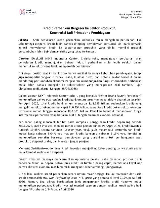 Cover siaran pers Kredit Perbankan Bergeser ke Sektor Produktif, Konstruksi Jadi Primadona Pembiayaan.png
