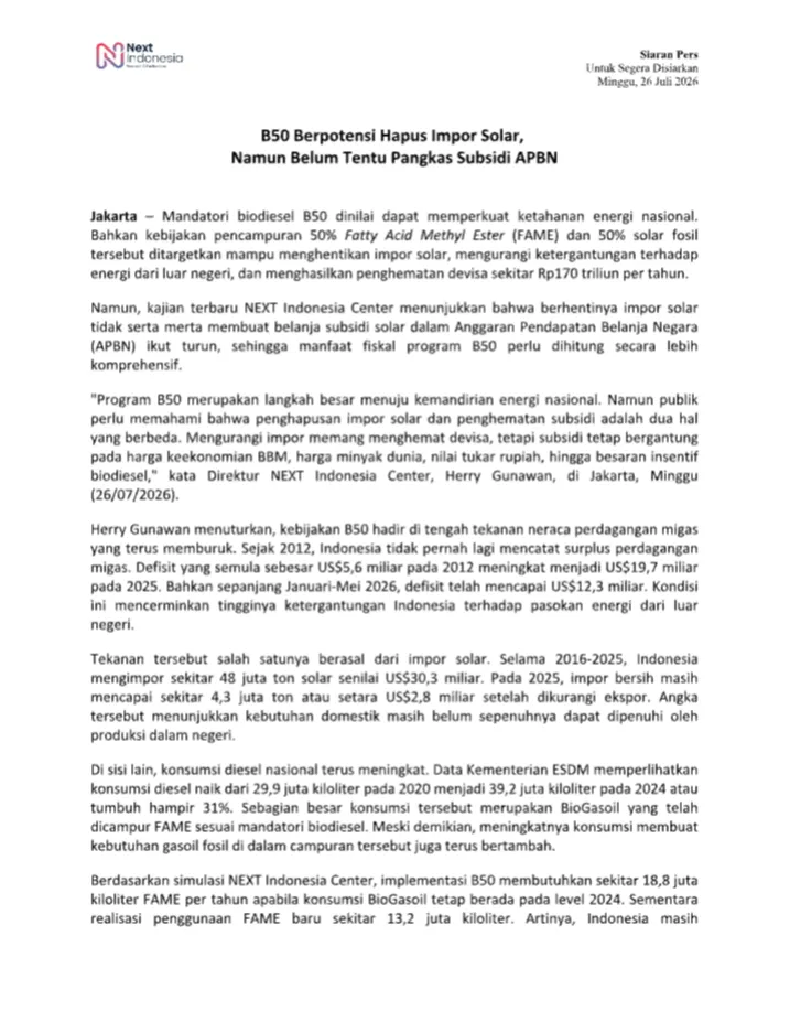 Cover Siaran Pers B50 Berpotensi Hapus Impor Solar, Namun Belum Tentu Pangkas Subsidi APBN.png